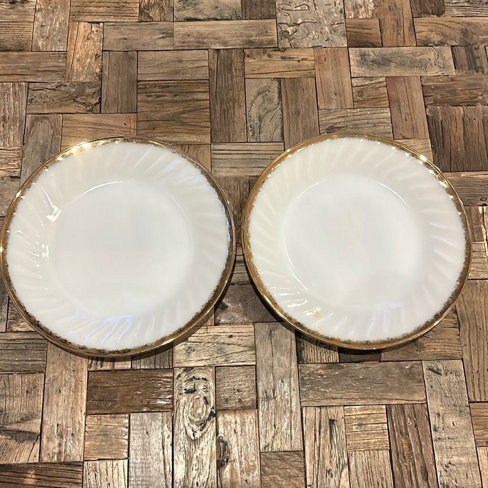 Vintage Fire King Dinner Plates White with Gold Trim Set of 2